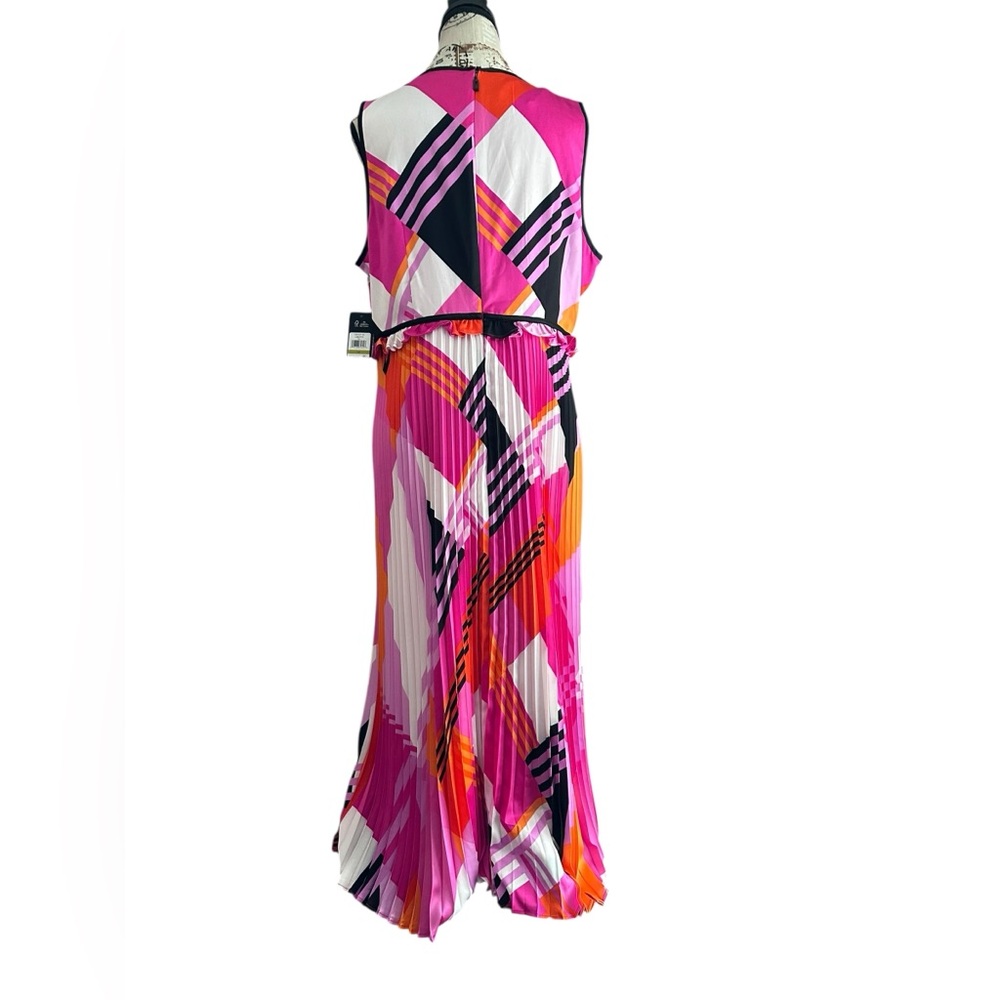Karl Lagerfeld Paris Pleated Sleeveless Dress Pink Orange Geometric NWT 14 Bold - Picture 2 of 16